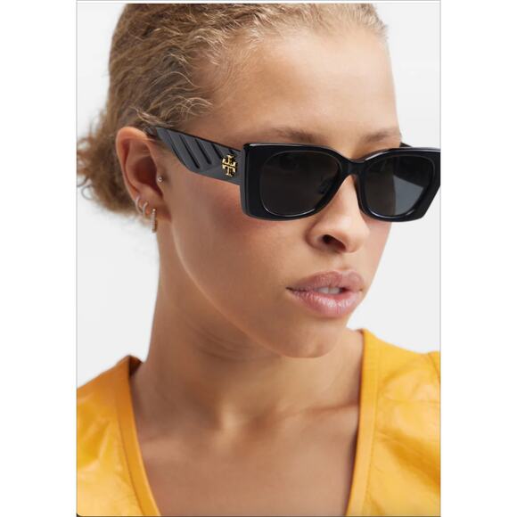 Tory Burch Kira Quilted Geometric Sunglasses | Black Acetate | Logo Gold Detail - Picture 3 of 16